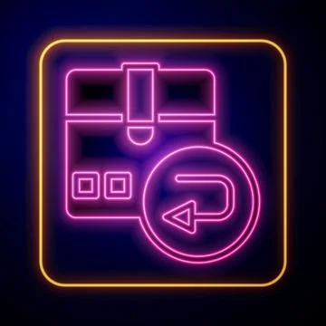Glowing neon Return cardboard box icon isolated on black background. Box 库存插图