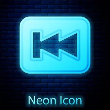 Glowing neon Rewind button icon isolated on brick wall background. Vector Stock Illustration