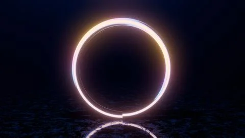 Glowing Neon Ring with Reflection on Dark Surface Stock Illustration