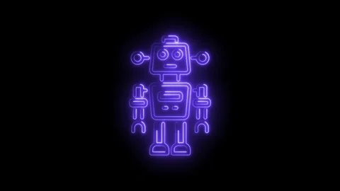 Glowing neon robot animation on black background retro futuristic technolog.. Stock Footage 345992751