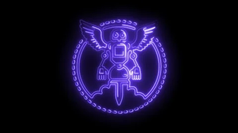 Glowing neon robot emblem with wings and sword animated on black background Stock Footage 316674593