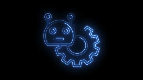 Glowing neon robot face with gear machine on dark background artificial Video stock 322960367
