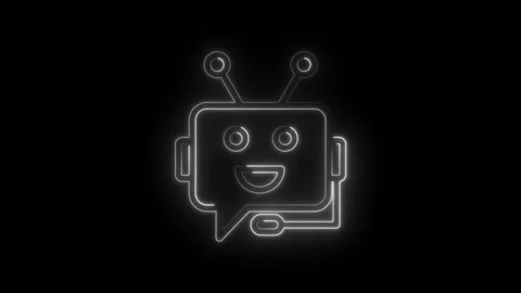 Glowing neon robot head with speech bubble icon animation on black background Stock Footage 333952638