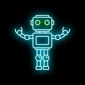 Glowing neon robot icon representing artificial intelligence on black Stock Illustration