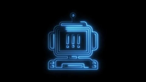 Glowing neon robot outline with exclamation points on a black background Stock Footage 322973621