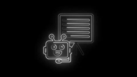Glowing neon robot presenting data on a whiteboard screen with a friendly Stock Footage 333952786