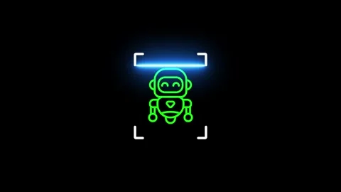 Glowing Neon Robot Scan Icon Animation On Black Background, 4K Stock Footage 340439997