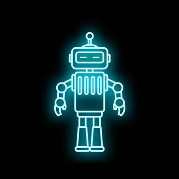 Glowing neon robot standing, artificial intelligence, technology concept Stock Illustration
