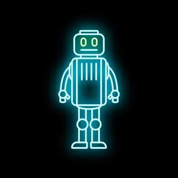 Glowing neon robot standing, representing artificial intelligence concept Illustrazione stock