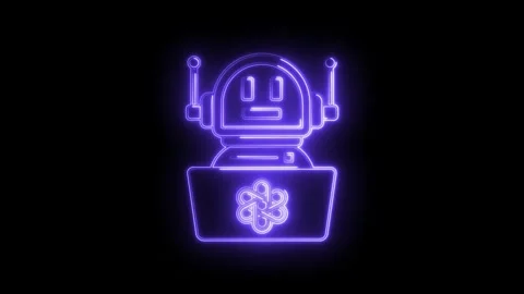 Glowing neon robot working on laptop animation isolated on black background for Stock Footage 322958953