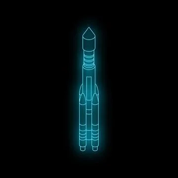 Glowing neon rocket ship exploring space with isometric projection Stock Illustration
