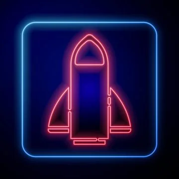 Glowing neon Rocket ship icon isolated on blue background. Space travel. Vector 스톡 일러스트