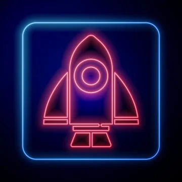 Glowing neon Rocket ship icon isolated on blue background. Space travel. Vector Stock Illustration