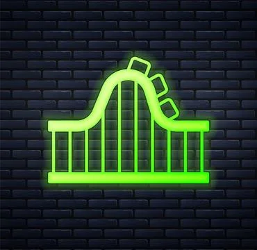 Glowing neon Roller coaster icon isolated on brick wall background. Amuseme.. Stock Illustration