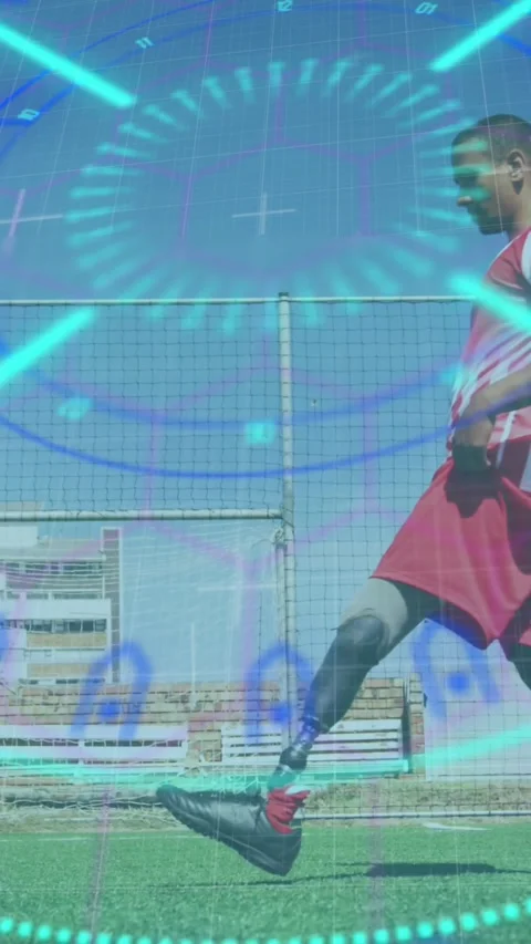 Glowing neon round scanner against male soccer player with prosthetic leg Stock Footage 341918042