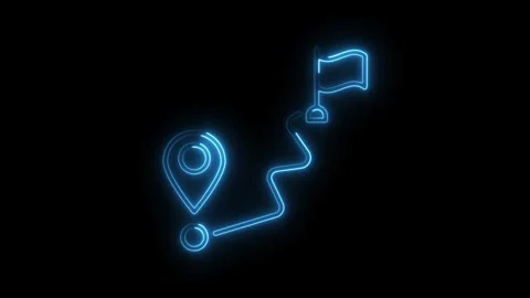 Glowing neon route path destination with map pointer and flag icon on black.. 스톡 동영상 314649614