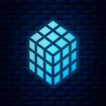 Glowing neon Rubik cube icon isolated on brick wall background. Mechanical 스톡 일러스트