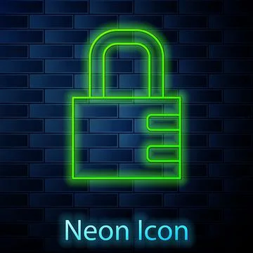 Glowing neon Safe combination lock icon isolated on brick wall background Stock-Illustration