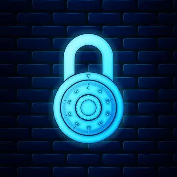 Glowing neon Safe combination lock wheel icon isolated on brick wall background 스톡 일러스트