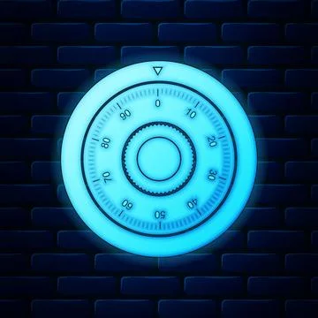Glowing neon Safe combination lock wheel icon isolated on brick wall background 스톡 일러스트