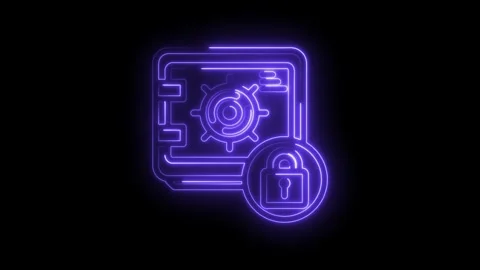Glowing neon safe icon with padlock symbol representing security and protection Stock Footage 333972856