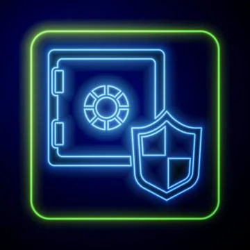 Glowing neon Safe with shield icon isolated on blue background. Insurance Stock Illustration