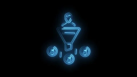 Glowing neon sales funnel conversion concept with person and dollar coins on Stock Footage 330773544