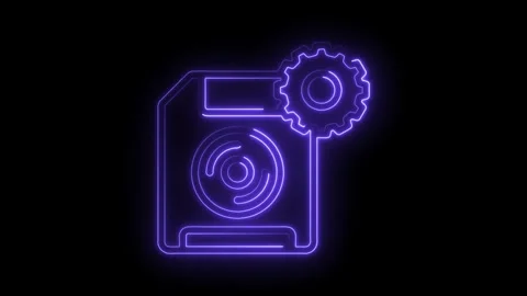 Glowing neon save icon with gear symbol representing data processing techno.. Stock Footage 315497311