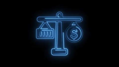 Glowing neon scales balancing container and dollar sign representing trade costs Stock Footage 330784574