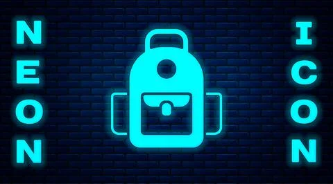 Glowing neon School backpack icon isolated on brick wall background. Vector 스톡 일러스트