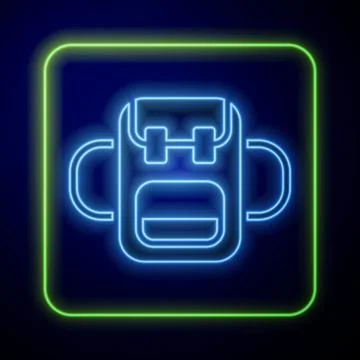 Glowing neon School backpack icon isolated on blue background. Vector 스톡 일러스트