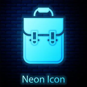Glowing neon School backpack icon isolated on brick wall background. Vector Stock Illustration