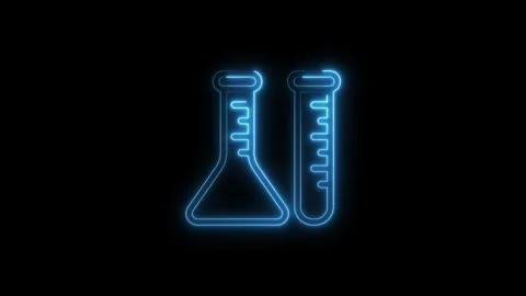Glowing neon science beaker and test tube icon animation on black background for Stock Footage 322969072