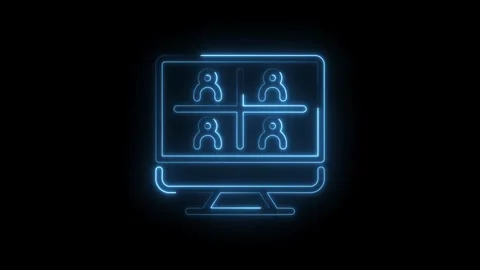 Glowing neon screen showing a remote team meeting in a four way split view Video stock 322958327