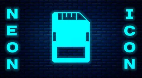 Glowing neon SD card icon isolated on brick wall background. Memory card Stockillustratie