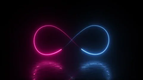 Glowing neon seamless infinity loop in pink and blue lights on reflective floor Stock Footage 333457604