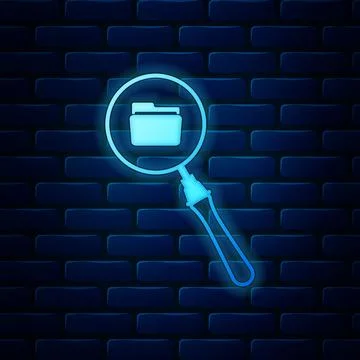 Glowing neon Search concept with folder icon isolated on brick wall background Stock Illustration