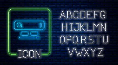 Glowing neon Search engine icon isolated on brick wall background. Neon light Illustrazione stock
