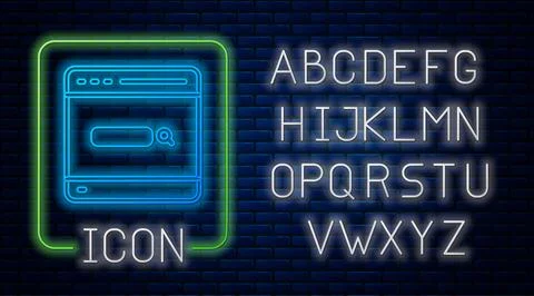 Glowing neon Search engine icon isolated on brick wall background. Neon light Stock Illustration