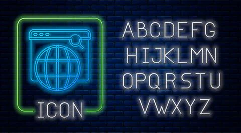 Glowing neon Search engine icon isolated on brick wall background. Neon light Illustrazione stock
