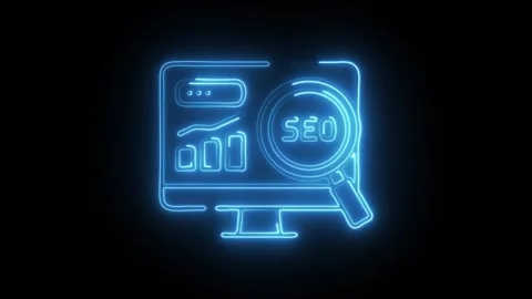Glowing neon search engine optimization icon isolated on black background. .. Stock Footage 304550410