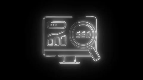 Glowing neon search engine optimization icon isolated on black background. .. Stock Footage 304550415