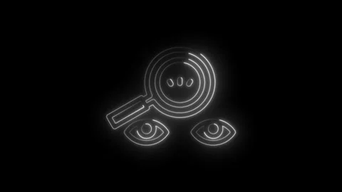 Glowing neon search for truth magnifying glass over eyes reveals hidden data Stock Footage 312307895