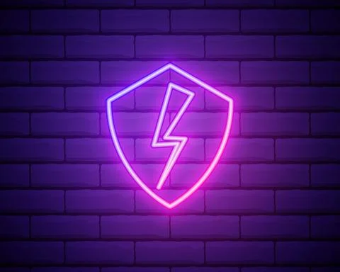 Glowing neon Secure shield with lightning icon isolated on brick wall backgro Stock Illustration