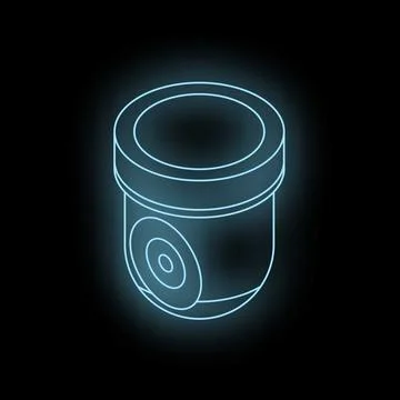 Glowing neon security camera on black background providing surveillance Illustrazione stock