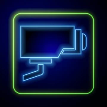 Glowing neon Security camera icon isolated on blue background. Vector Stock Illustration