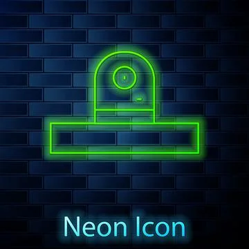 Glowing neon Security camera icon isolated on brick wall background. Vector Stock Illustration