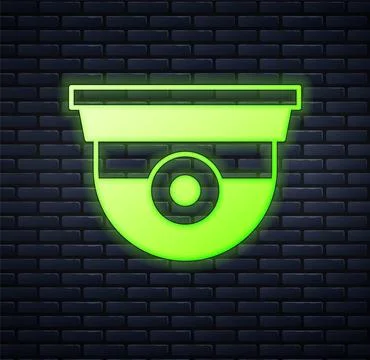 Glowing neon Security camera icon isolated on brick wall background. Vector Stock Illustration