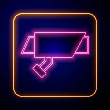 Glowing neon Security camera icon isolated on black background. Vector Stock Illustration