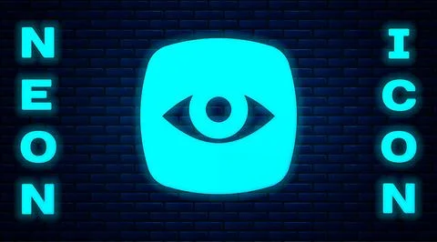 Glowing neon Security camera icon isolated on brick wall background.  Vector Stock Illustration